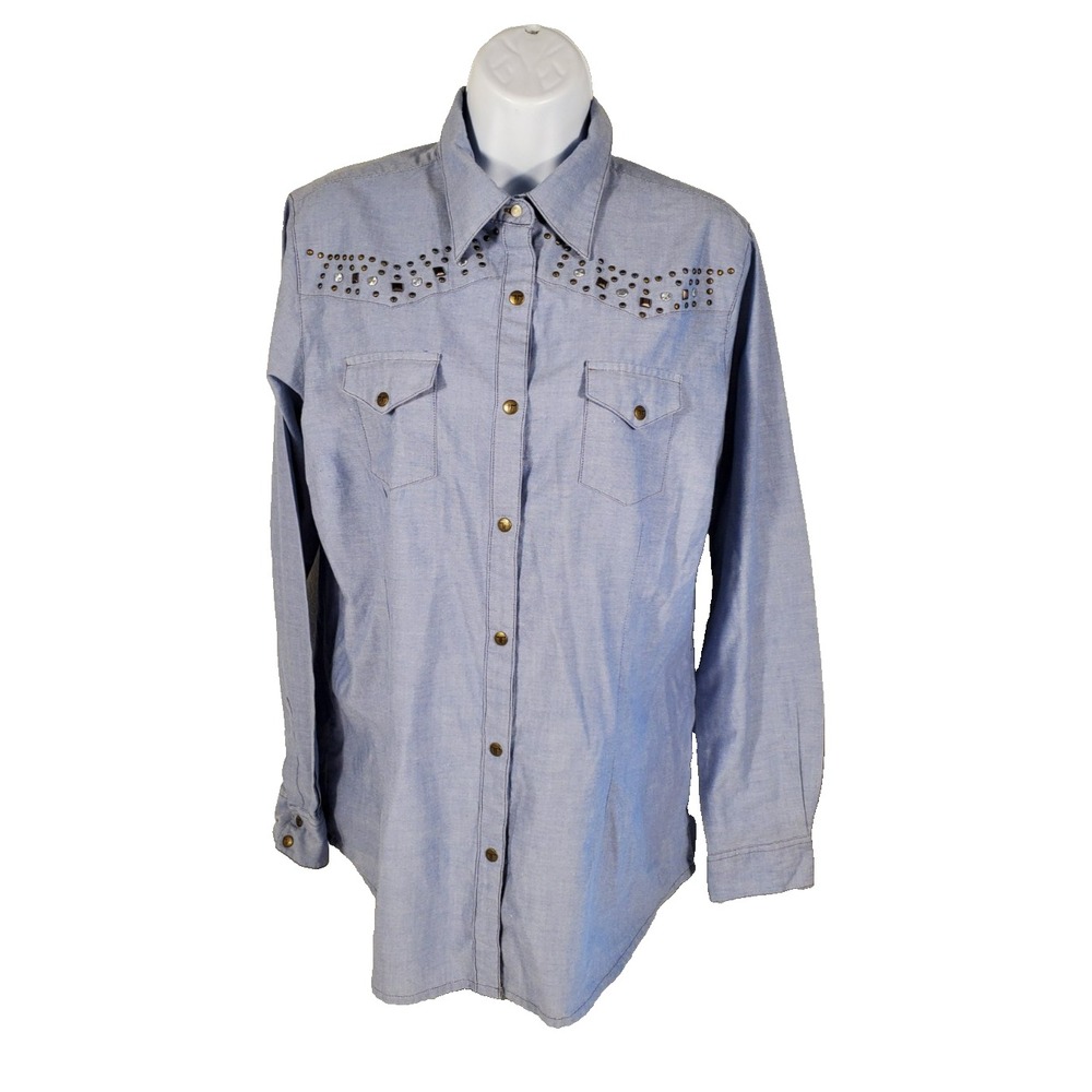 Wrangler Women's Large Snap-front Blue Denim Western‎ Shirt Long Sleeves